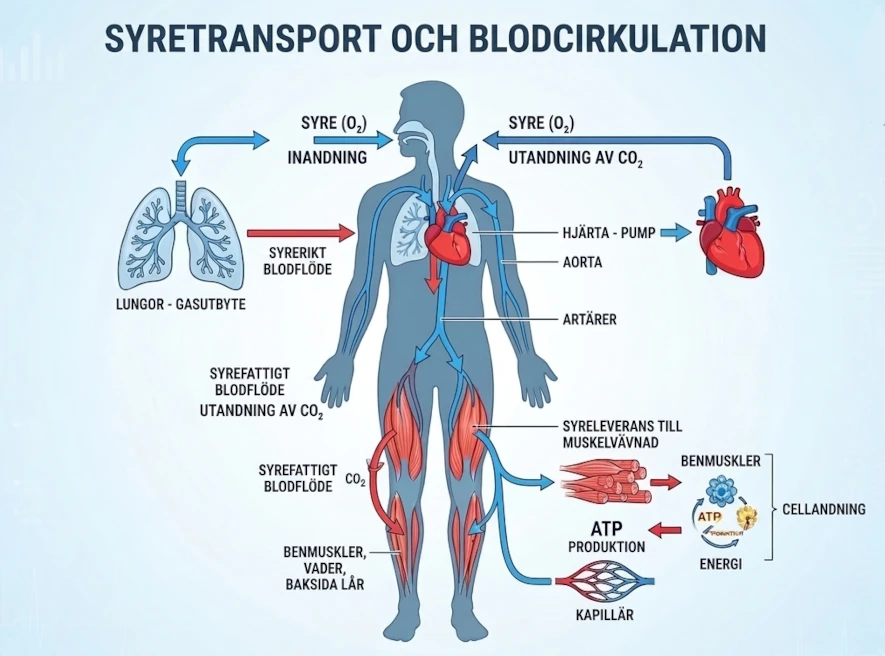 Schematisk bild över syreupptag från lungor via hjärtat och ut i blodet till musklerna